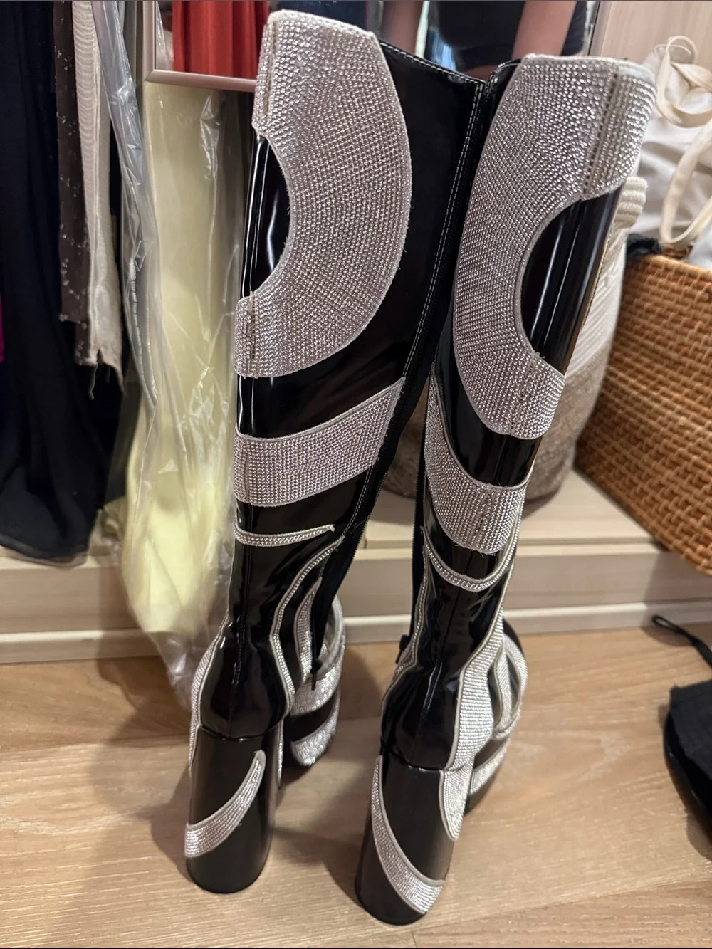 Dolls Kill x Current Mood Black and Silver Spiral Platform Over-the-Knee Boots